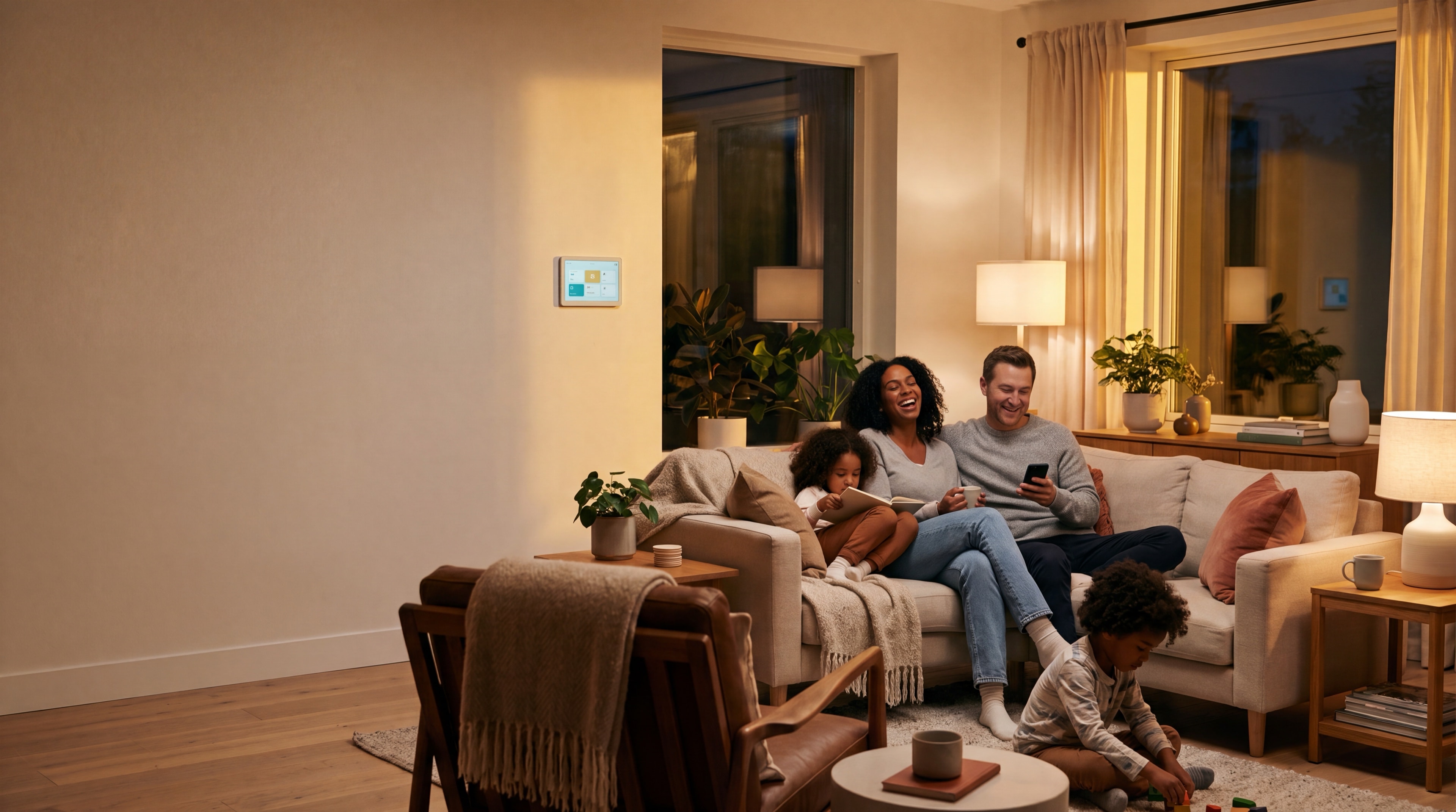 A family together in their warm living room at dusk.